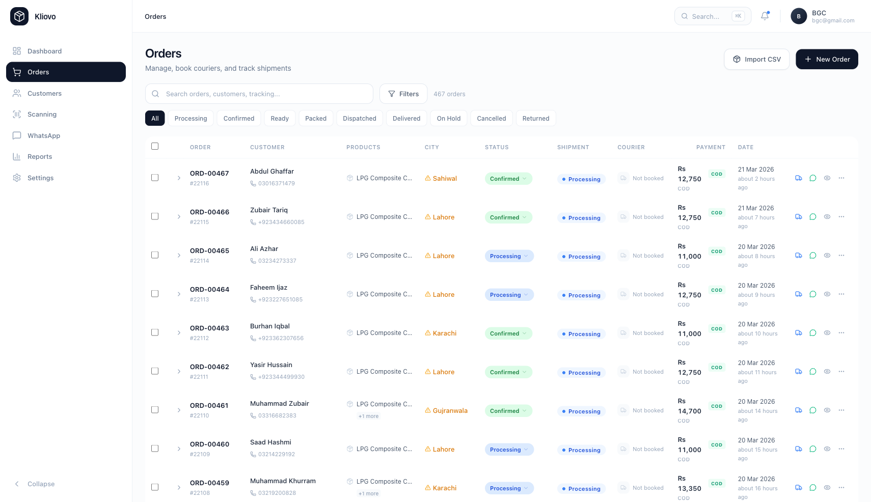Kliovo Shop orders page with 467 real orders